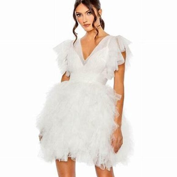 Mac Duggal Dresses & Skirts - Mac Duggal NWT White Tulle Flutter Sleeve Ruffle Mini Gown Dress Size 6 #20505
